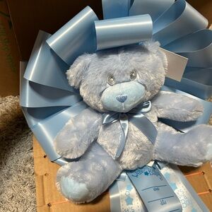 Baby boy birth announcement with ribbon that say boy new in box, from Kelli’s.